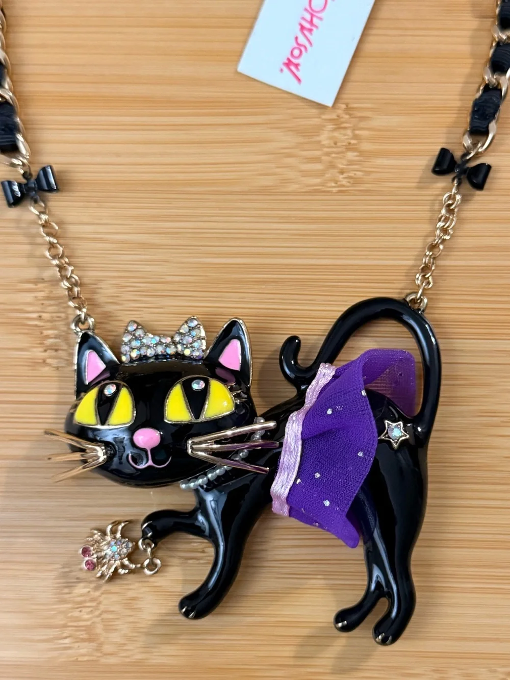 Betsey Johnson Black Cat Necklace with Purple Skirt & Yellow Eyes
